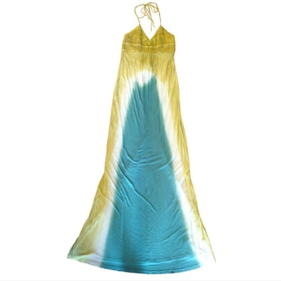 Y2K Yellow Green Tie Dye Viscose Embroidered Halter Maxi Dress Medium - Picture 3 of 16